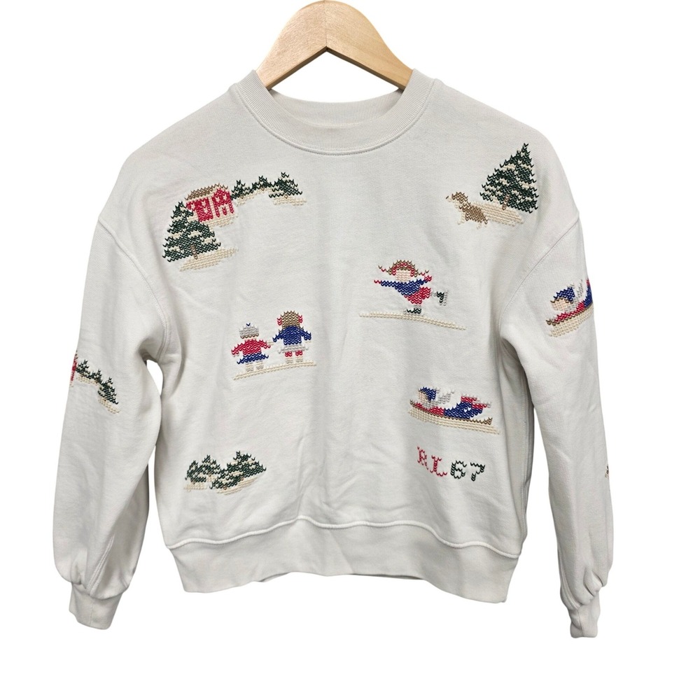 Polo Ralph Lauren Sweatshirt Kids L 12-14 Cream Embroidered Winter Ski Sled RL67